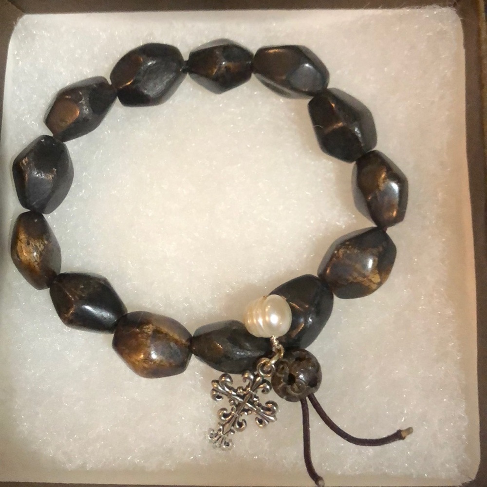 Brown Bead bracelet with cross and pearl charm